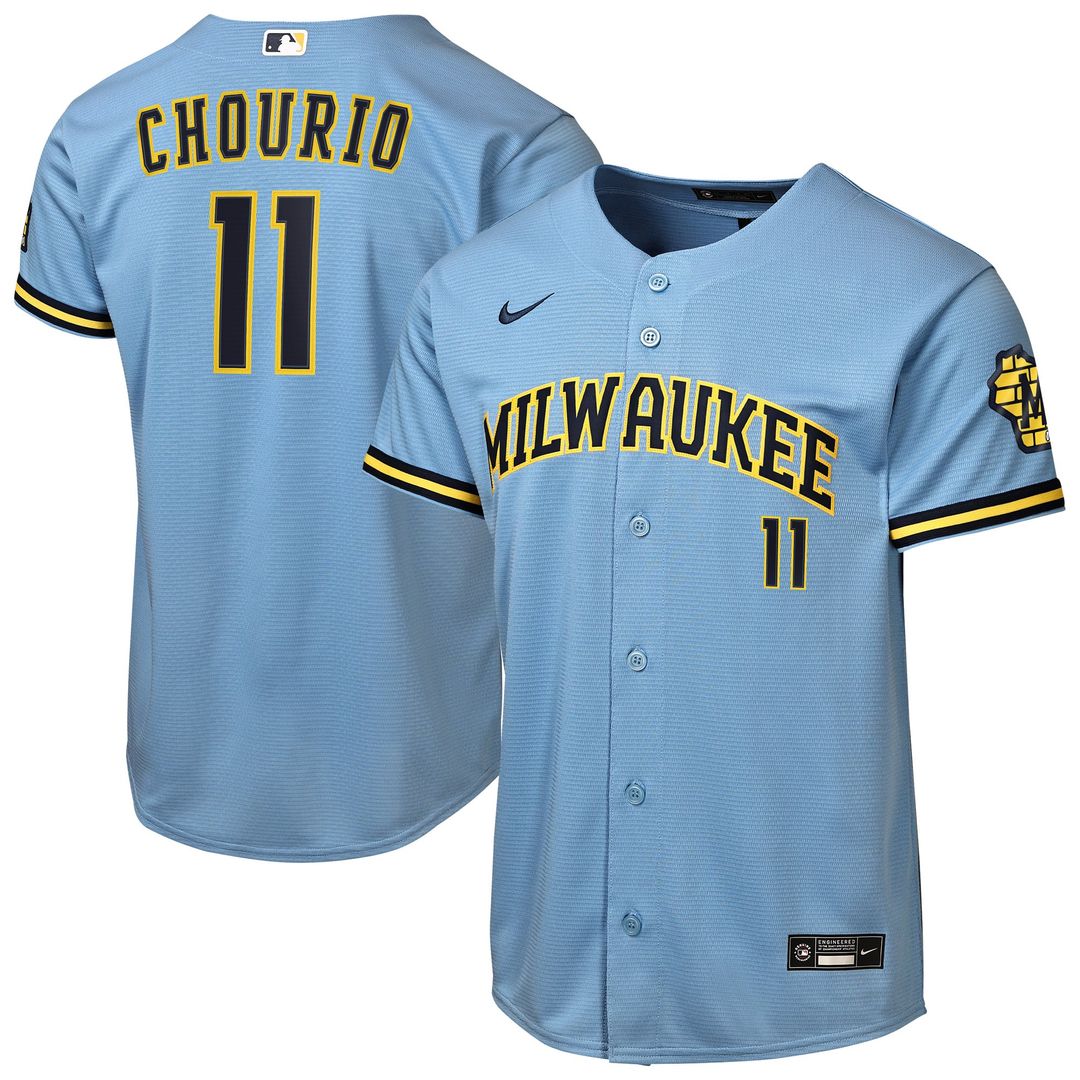 Jackson Chourio Milwaukee Brewers Youth Road Stadium Jersey - Powder Blue