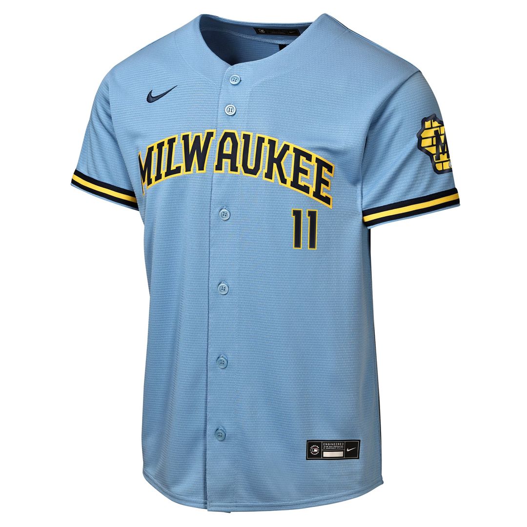 Jackson Chourio Milwaukee Brewers Youth Road Stadium Jersey - Powder Blue