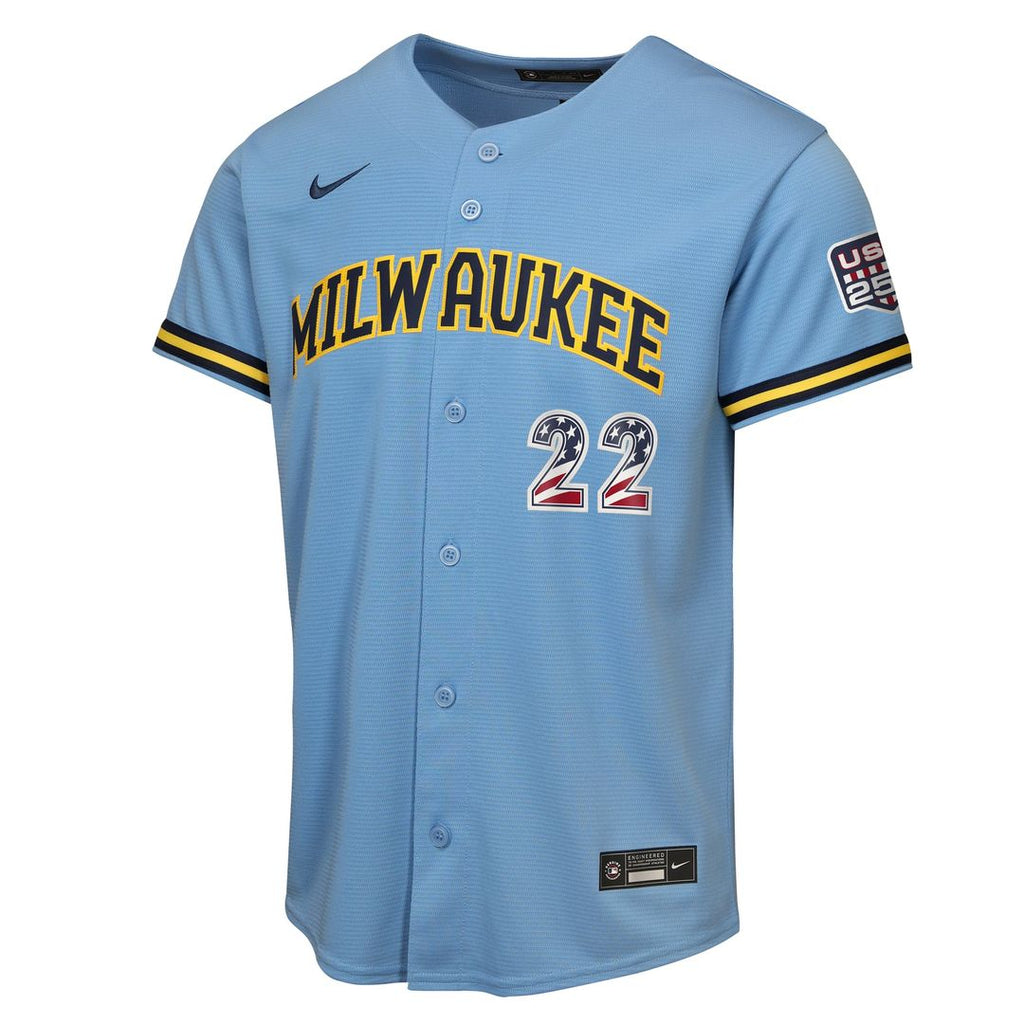 Christian Yelich Milwaukee Brewers Youth USA 250 Fourth of July Road Replica Jersey - Light Blue