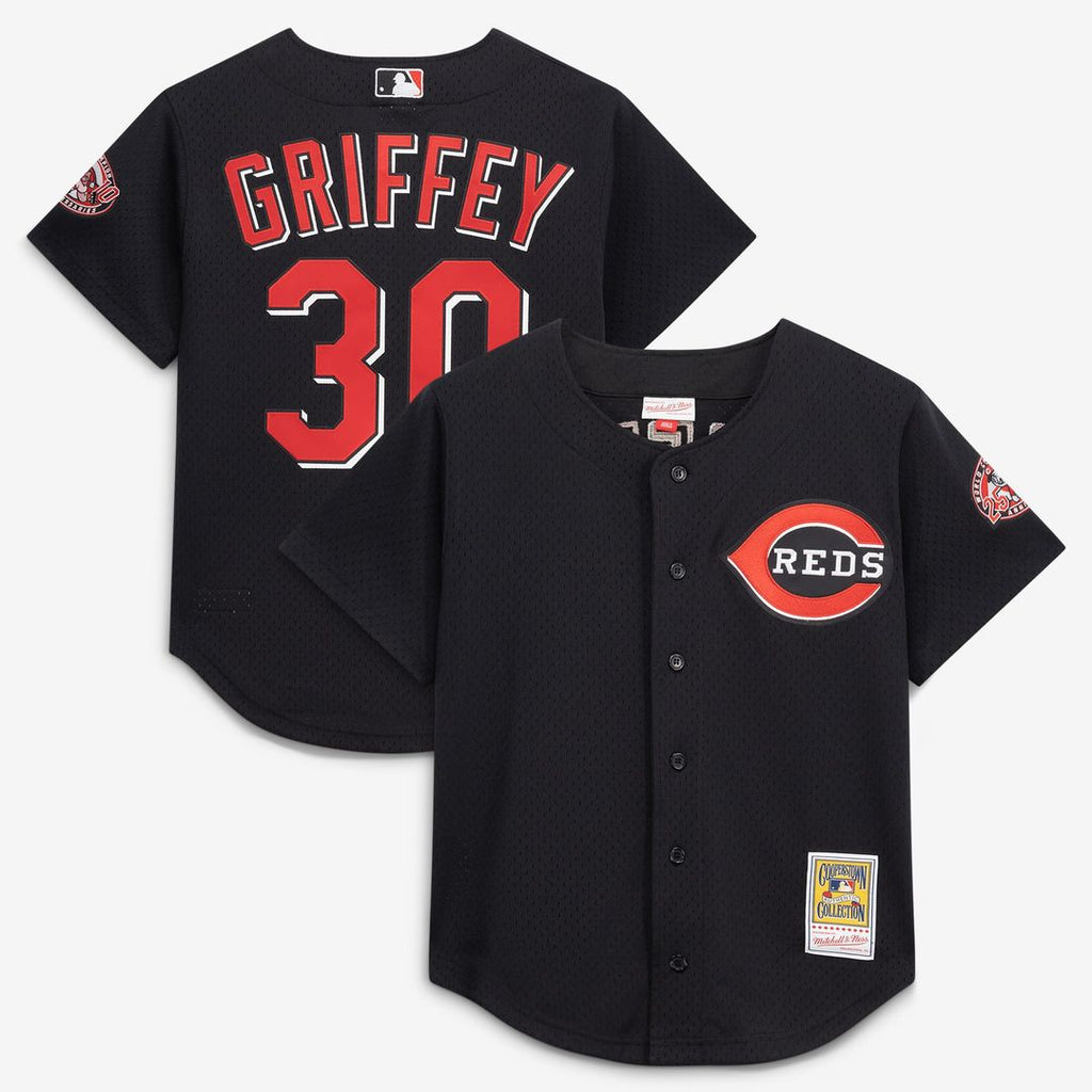 Ken Griffey Jr. Cincinnati Reds Cooperstown Collection Mesh Batting Practice Button - Up Jersey - Black